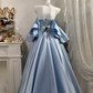 Dusty Blue Satin Long Evening Gown, Off Shoulder Ruffle Puff Sleeve V-Neck Pearl Waist Chain A-Line Ball Gown gh9268