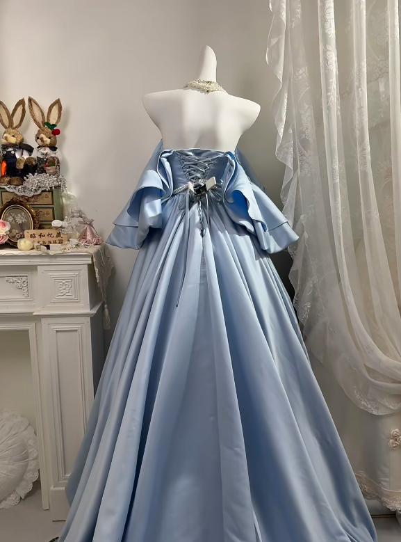 Dusty Blue Satin Long Evening Gown, Off Shoulder Ruffle Puff Sleeve V-Neck Pearl Waist Chain A-Line Ball Gown gh9268