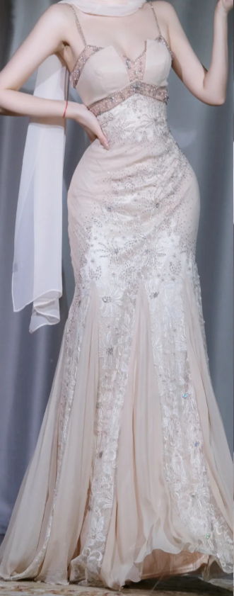 ✨Girlhomeshops-Spaghetti Strap Mermaid Prom Dress, Champagne Lace Beaded Chiffon Evening Gown gh9943