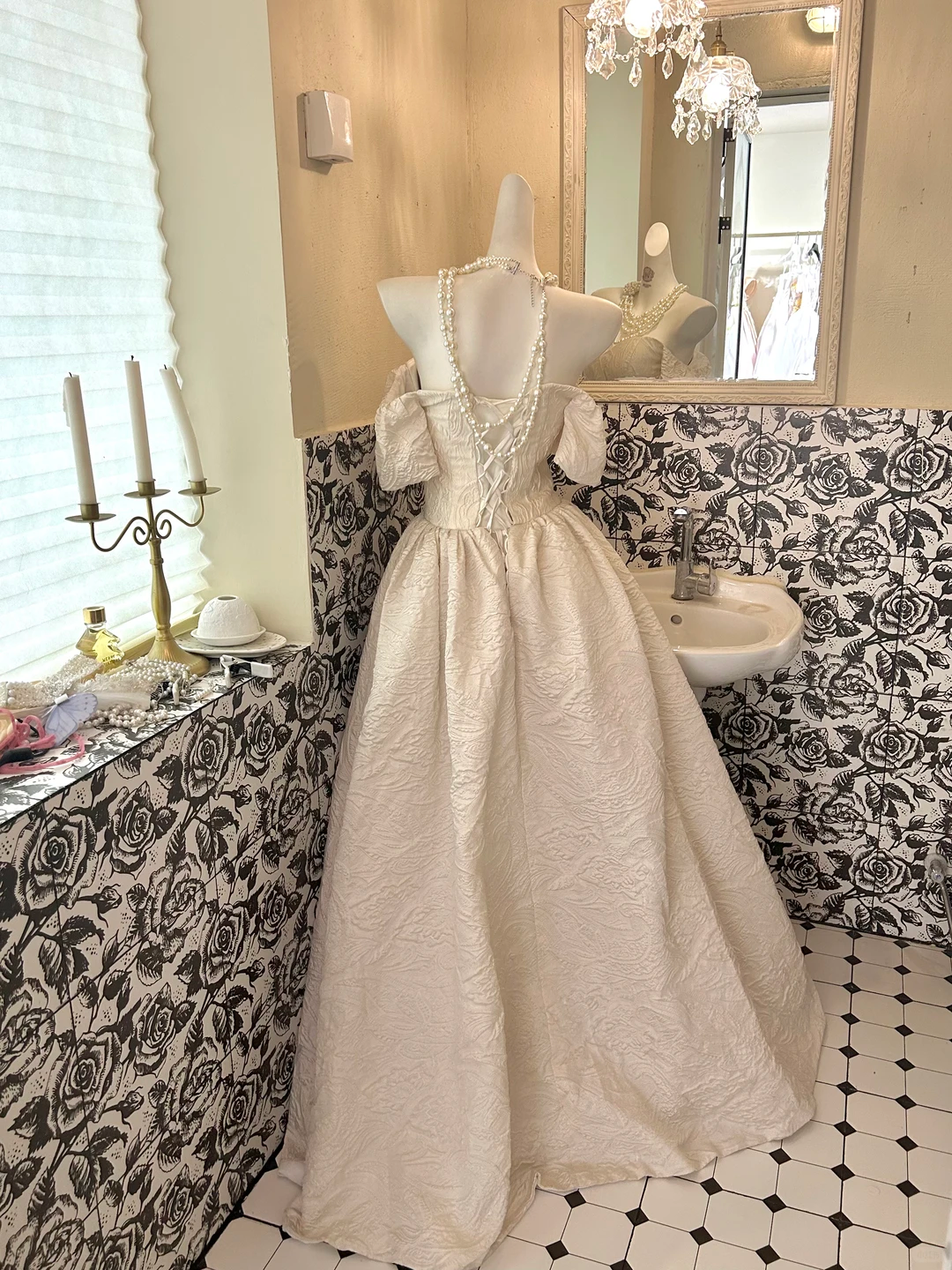 Ivory Off-the-Shoulder Cinched Waist Full Flared Skirt Long Romantic Dress, Wedding Gown gh7775