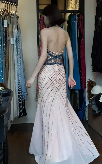 Halter Deep V Cutout Evening Gown Blue Gold Hand Beaded Rhinestone Mermaid Long Formal Prom Dress gh9750