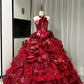 Rotes, florales, perlenbesetztes, maximalistisches, langes Tüll-Ballkleid zum 16. Geburtstag, Quinceanera-Kleid, gh4738