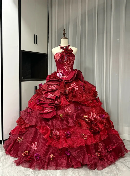 Rotes, florales, perlenbesetztes, maximalistisches, langes Tüll-Ballkleid zum 16. Geburtstag, Quinceanera-Kleid, gh4738