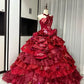 Rotes, florales, perlenbesetztes, maximalistisches, langes Tüll-Ballkleid zum 16. Geburtstag, Quinceanera-Kleid, gh4738
