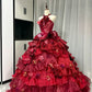 Rotes, florales, perlenbesetztes, maximalistisches, langes Tüll-Ballkleid zum 16. Geburtstag, Quinceanera-Kleid, gh4738