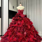 Rotes, florales, perlenbesetztes, maximalistisches, langes Tüll-Ballkleid zum 16. Geburtstag, Quinceanera-Kleid, gh4738