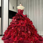 Rotes, florales, perlenbesetztes, maximalistisches, langes Tüll-Ballkleid zum 16. Geburtstag, Quinceanera-Kleid, gh4738