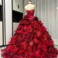 Rotes, florales, perlenbesetztes, maximalistisches, langes Tüll-Ballkleid zum 16. Geburtstag, Quinceanera-Kleid, gh4738