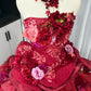 Rotes, florales, perlenbesetztes, maximalistisches, langes Tüll-Ballkleid zum 16. Geburtstag, Quinceanera-Kleid, gh4738