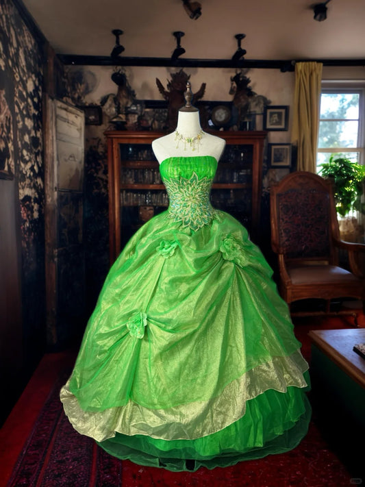 Girlhomeshops - Grünes, wunderschönes, florales, exquisites, perlenbesetztes, langes Tüll-Ballkleid gh5354