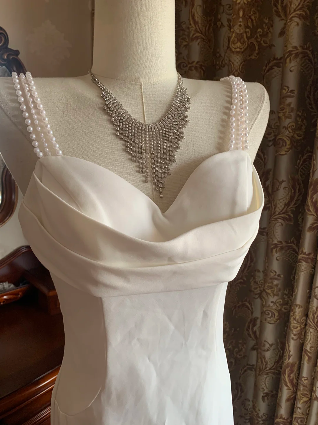 White Spaghetti Strap Waist-Cinched Slim Fit Elegant Vintage Prom Dress, Evening Gown, Birthday Gown, Wedding Dress gh7258