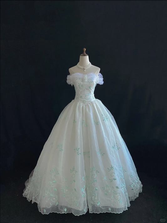 White Off-Shoulder Romantic Gown, Cinched Waist, Vintage Green Embroidery, Voluminous Skirt, Wedding Dress & Bridal Gown gh8112