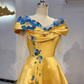 Gold Evening Dress with Blue Floral Neckline, Waist-Cinched Fitted Full Flared Long Gown, Fairy Gown, Romantic Gown gh7405