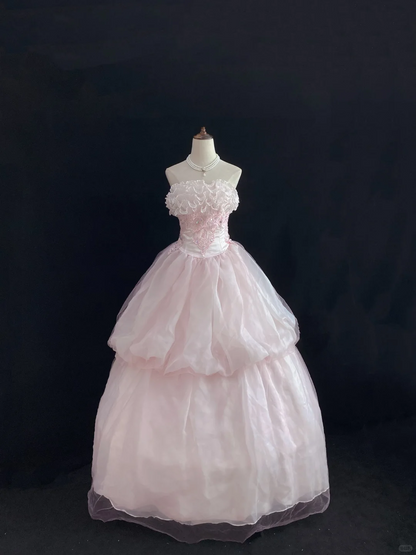 Blush Pink Strapless Romantic Gown With Lace Trims, Cinched Waist & Elegant Cute Voluminous Skirt, Wedding Dress & Bridal Gown gh8157