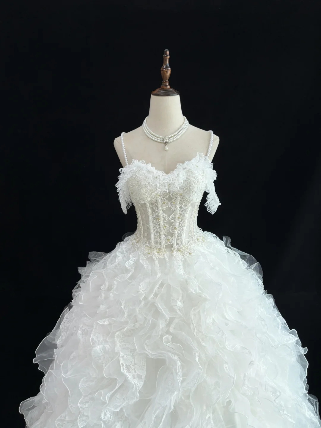White Spaghetti Straps Cinched Waist Voluminous Tiered Skirt Vintage Elegant Romantic Dress, Wedding Gown gh8023