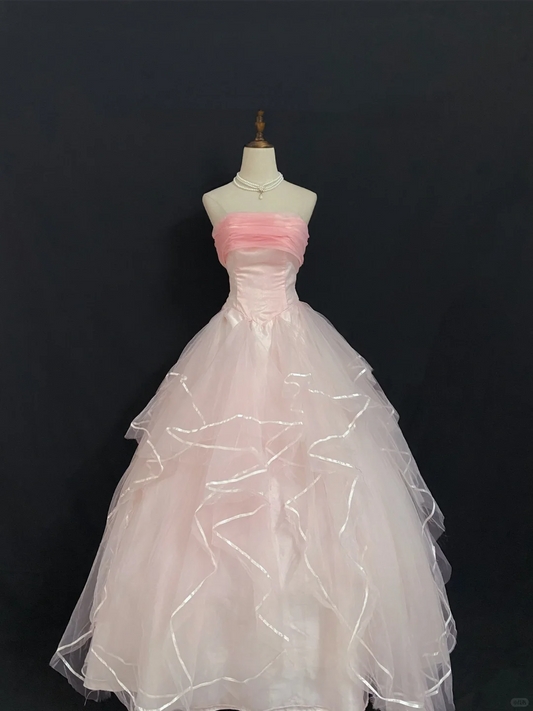 Blush Pink Strapless Long Romantic Gown, Gentle Cinched Waist, Voluminous Princess Skirt, Wedding Dress & Bridal Gown gh8288
