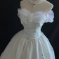 White Off-Shoulder Romantic Gown, Cinched Waist, Vintage Green Embroidery, Voluminous Skirt, Wedding Dress & Bridal Gown gh8112