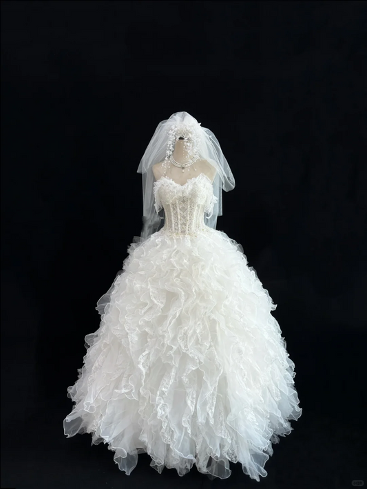 White Spaghetti Straps Cinched Waist Voluminous Tiered Skirt Vintage Elegant Romantic Dress, Wedding Gown gh8023