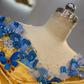 Gold Evening Dress with Blue Floral Neckline, Waist-Cinched Fitted Full Flared Long Gown, Fairy Gown, Romantic Gown gh7405