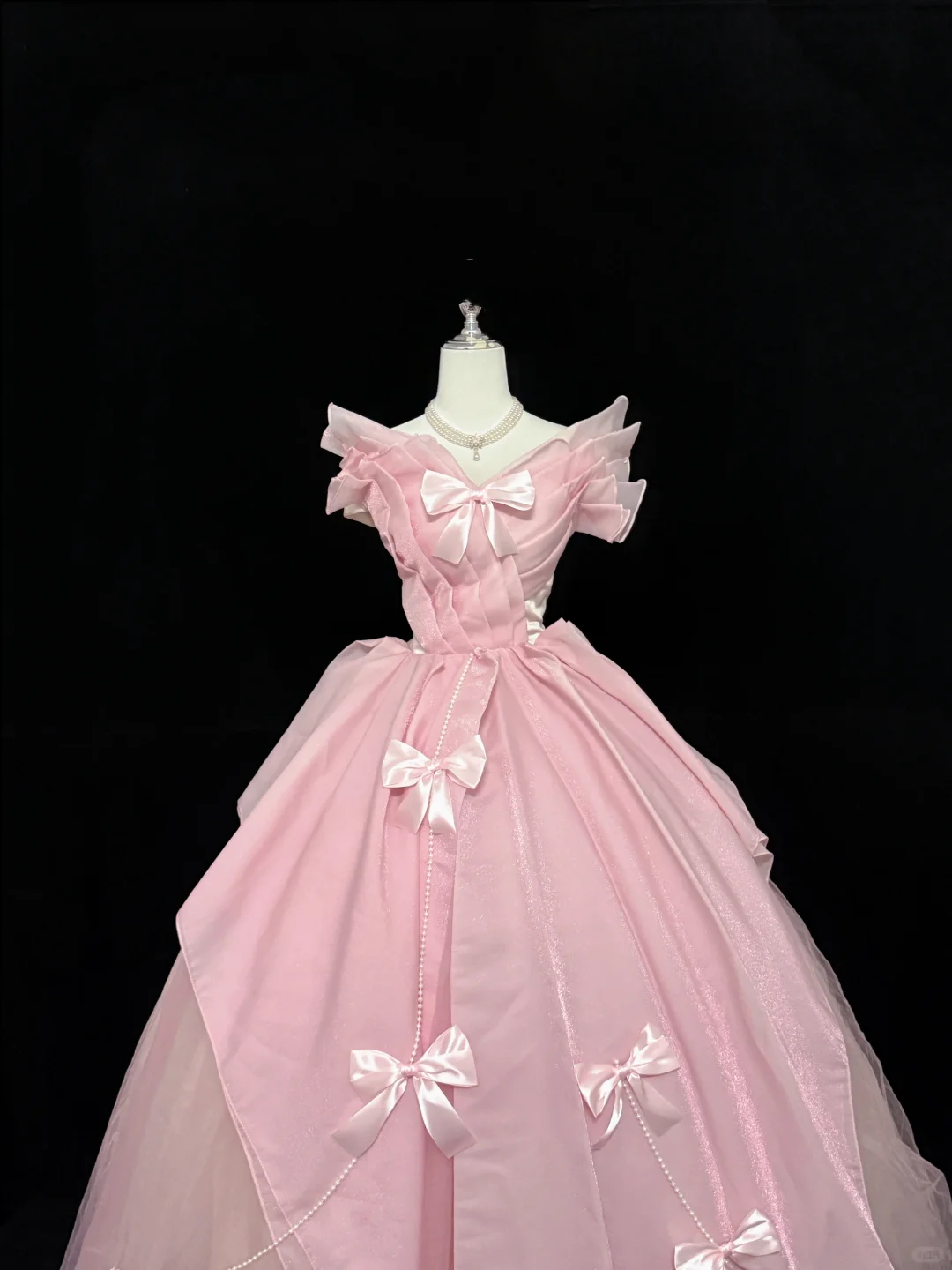 Blush Pink V-Neck Bow Design Cinched Waist Voluminous Princess Skirt Romantic Dress, Wedding Gown gh7851