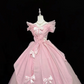 Blush Pink V-Neck Bow Design Cinched Waist Voluminous Princess Skirt Romantic Dress, Wedding Gown gh7851