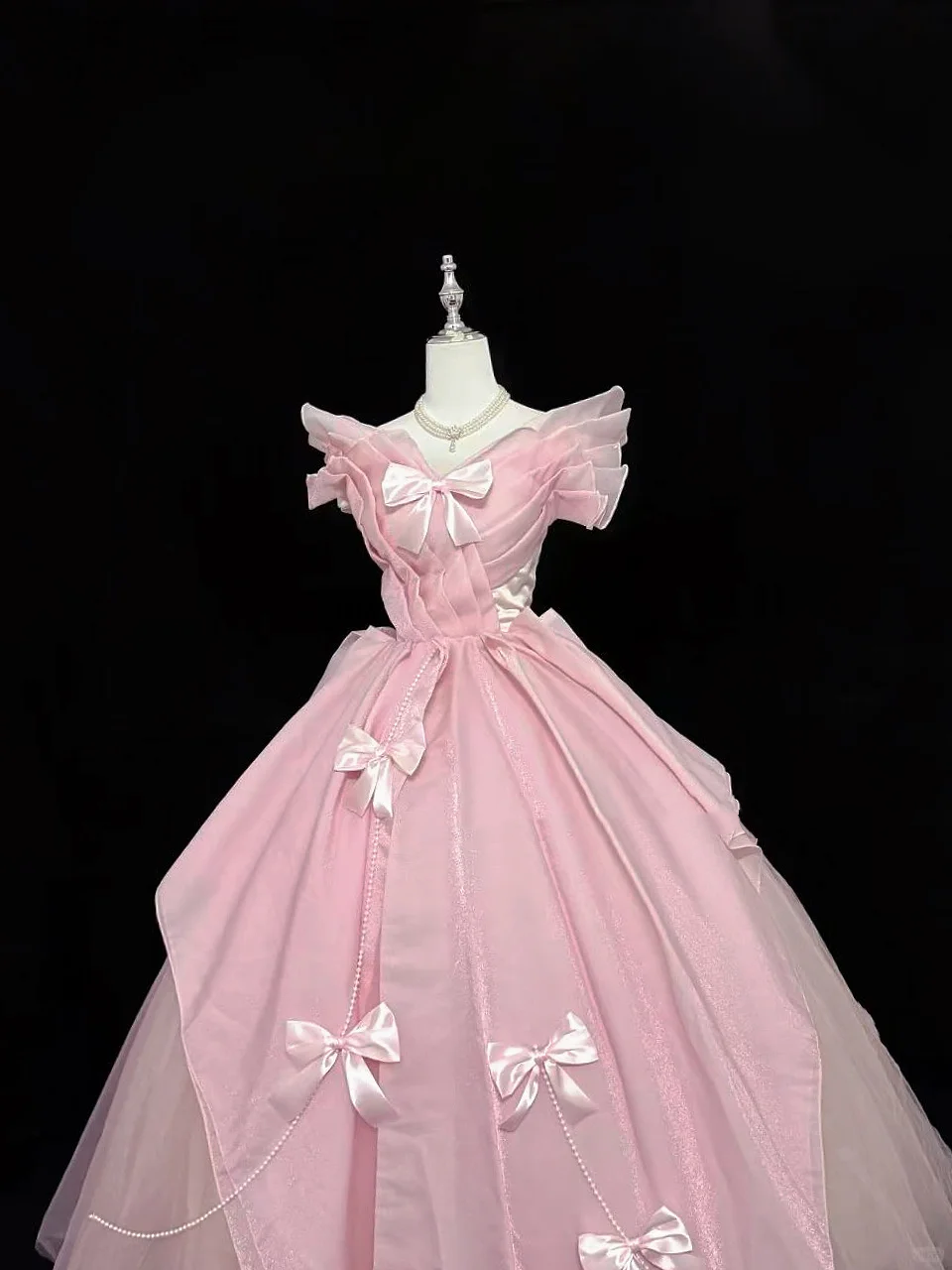 Blush Pink V-Neck Bow Design Cinched Waist Voluminous Princess Skirt Romantic Dress, Wedding Gown gh7851