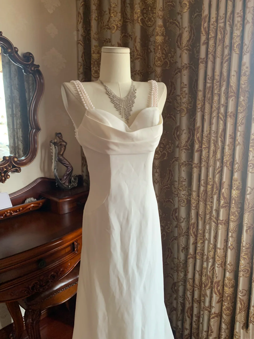 White Spaghetti Strap Waist-Cinched Slim Fit Elegant Vintage Prom Dress, Evening Gown, Birthday Gown, Wedding Dress gh7258