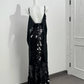 Black Spaghetti Strap Sequin Cinched Waist Fitted Sexy Prom Dress, Evening Gown gh7214
