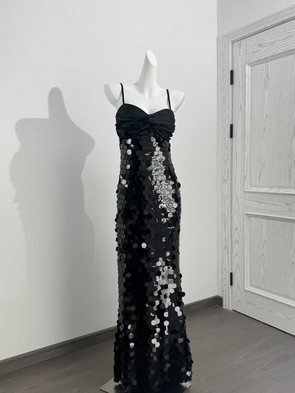 Black Spaghetti Strap Sequin Cinched Waist Fitted Sexy Prom Dress, Evening Gown gh7214