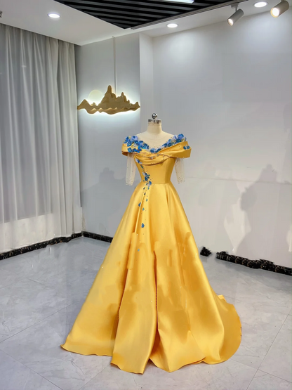 Gold Evening Dress with Blue Floral Neckline, Waist-Cinched Fitted Full Flared Long Gown, Fairy Gown, Romantic Gown gh7405