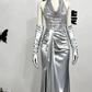 Silver Halter Sequin Waist-Cinched Fitted Elegant Long Evening Dress, Fairy Gown, Romantic Gown gh7483