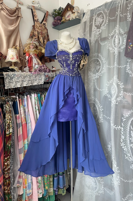 Sexy Long Vintage Blue Square Neck Beaded Fitted Waist Prom & Evening Party Dress gh8485