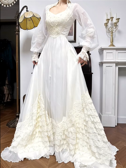 Ivory Vintage Frilled Collar Lantern Sleeve Multi‑Layer Lace‑Ruffle Long Train Wedding Dress gh8764