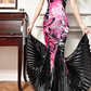 Black‑Pink Contrast Vintage Halter One‑Shoulder Prom Gown, Abstract Floral Print Satin Fitted Mermaid Bodice, Large Black Pleated Mermaid Skirt, Draped Floor‑Length Silhouette, Sexy Evening Prom Dress gh8791