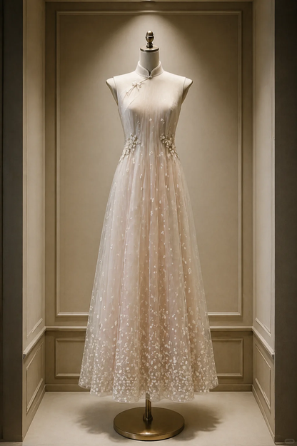 ✨Girlhomeshops-Ditsy Floral Tulle A-Line Champagne Qipao Cheongsam Wedding Dress gh10475
