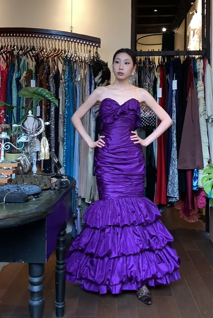 Purple Strapless Sweetheart Long Formal Gown Tiered Ruffle Mermaid Evening Dress gh9653