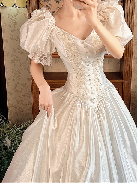 Off‑White Puff Sleeve Vintage Fitted Waist Full Flared Skirt Prom Gown, Wedding Dress gh8593
