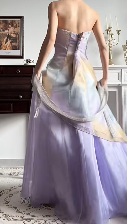 Lavender Purple Vintage Strapless Prom Gown, Gradient Silver‑Tone Beaded Embroidery Bodice, Asymmetrical Draped Overlay Panel, Flowy Organza Full Floor‑Length Skirt, Fairy‑Style Evening Prom Dress gh8809