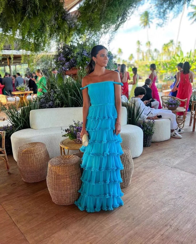 Blue Fashion Elegant Off Shoulder A-line Tiered Long Chiffon Ball Gown Evening Dress Wedding Guest Dress Party Dress gh3075