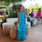 Blue/Yellow Off Shoulder A-Line Tiered Long Chiffon Ball Gown Elegant Ruffle Floor Length Prom Dress Evening Gown Wedding Party Dress gh3656