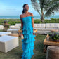 Blue/Yellow Off Shoulder A-Line Tiered Long Chiffon Ball Gown Elegant Ruffle Floor Length Prom Dress Evening Gown Wedding Party Dress gh3656