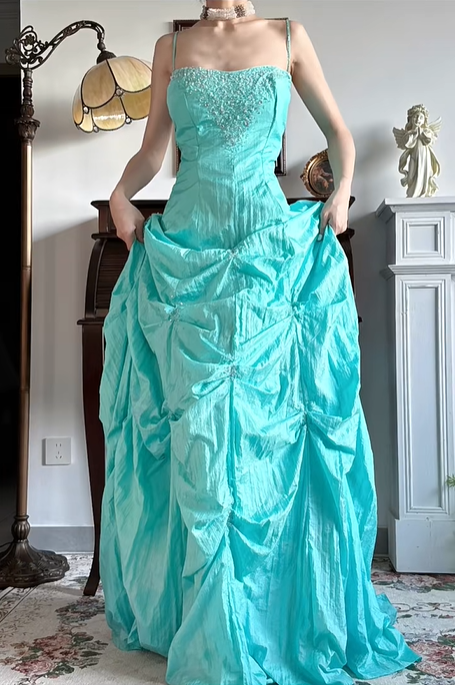 Mint‑Green‑Vintage‑Gown Spaghetti‑Straps Beaded‑Rhinestone‑Bodice Hand‑Gathered‑Voluminous‑Skirt Crinkled‑Shiny‑Taffeta‑Fabric Retro‑Puffy‑Floor‑Length‑Prom‑Evening‑Dress gh8840