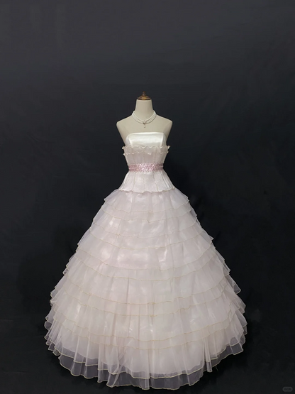 Blush pink strapless romantic gown with fitted waist and voluminous princess full skirt, wedding dress & bridal gown gh8198