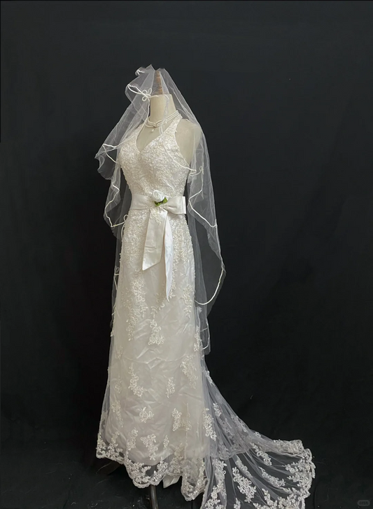 Off-white Halter Long Vintage Romantic Gown, Beaded Decorations, Slim Fitted Waist, Wedding Dress & Bridal Gown gh8289