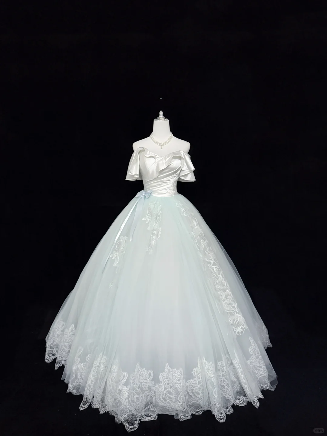 White Satin Off-the-Shoulder Cinched Waist Light Green Voluminous Skirt Long Romantic Dress, Wedding Gown gh7889