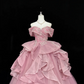 Blush Pink Off-the-Shoulder Beaded Cinched Waist Voluminous Tulle Skirt Long Romantic Dress, Wedding Gown gh7852