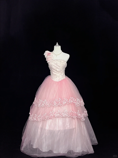 Blush Pink Strapless Cinched Waist Gradient Voluminous Princess Skirt Romantic Dress, Wedding Gown gh8074