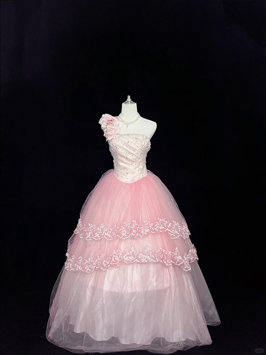 Blush Pink Strapless Cinched Waist Gradient Voluminous Princess Skirt Romantic Dress, Wedding Gown gh8074