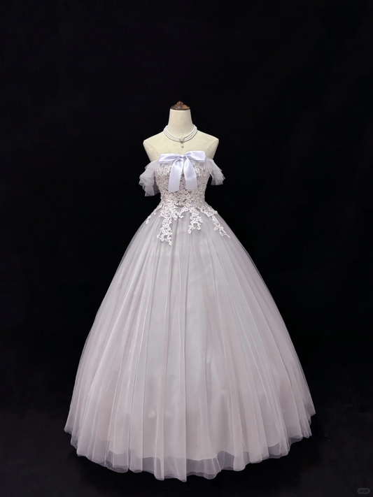 Lavender Off-the-Shoulder Embroidered Cinched Waist Voluminous Princess Skirt Long Romantic Dress, Wedding Gown gh7978