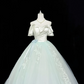 White Satin Off-the-Shoulder Cinched Waist Light Green Voluminous Skirt Long Romantic Dress, Wedding Gown gh7889